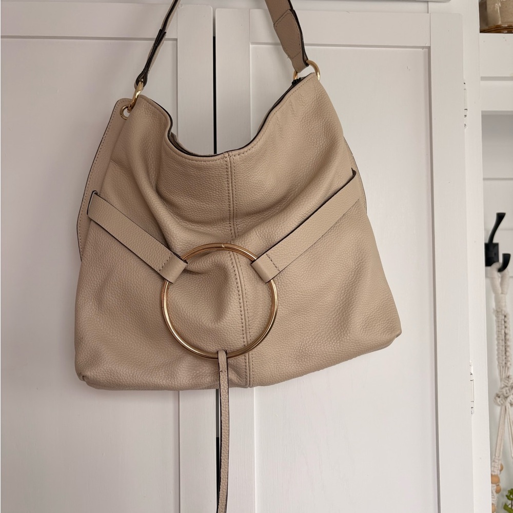 Melrose and Market pebbled leather hobo shoulder bag in light neutral color.